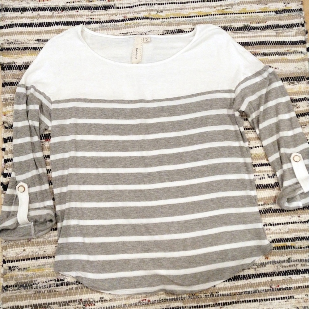 Robin-K, Nordstrom 3/4 slv, gray/wht stripe top Lg